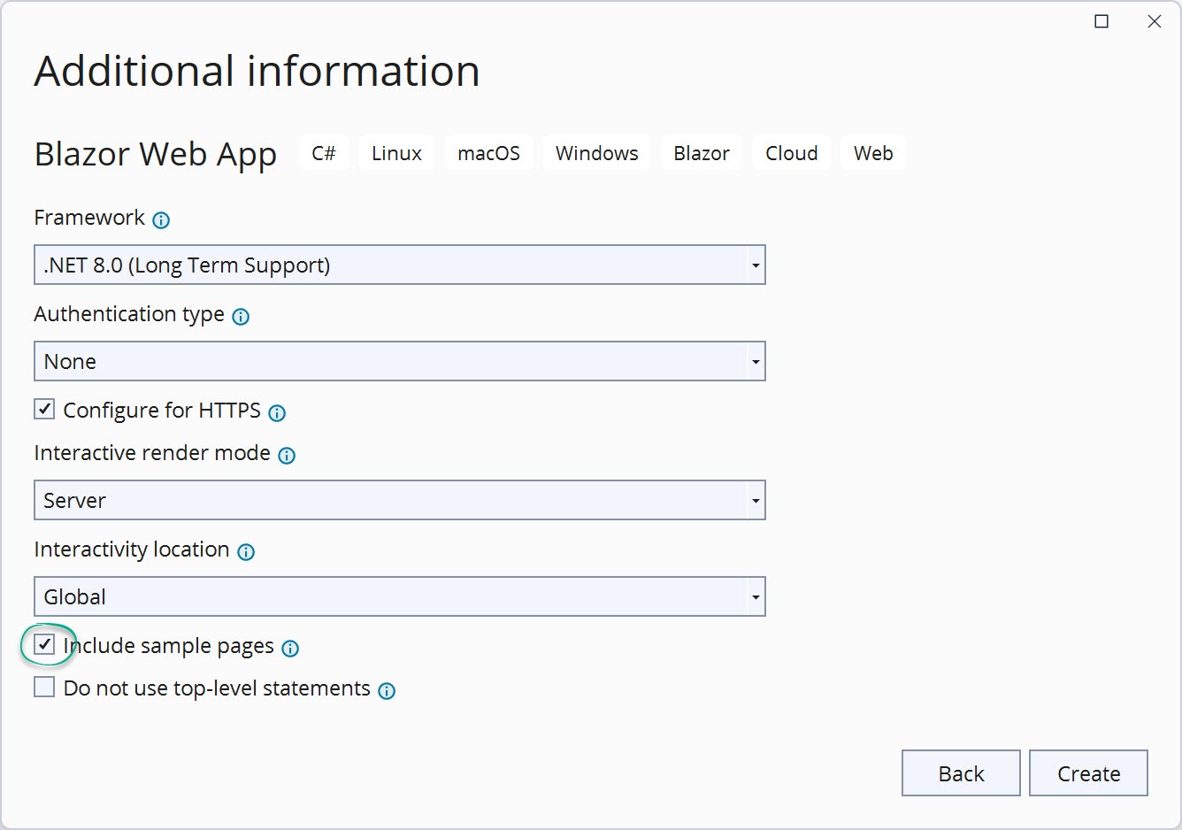 A static rendered Blazor configuration. Authentication type: none, Interactive render mode: none, Interactivity location: global, and Include sample pages is selected.