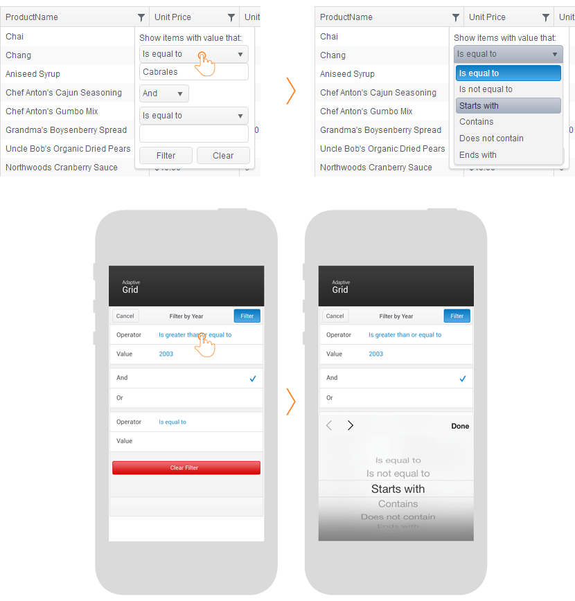 Mobile Grid Filtering