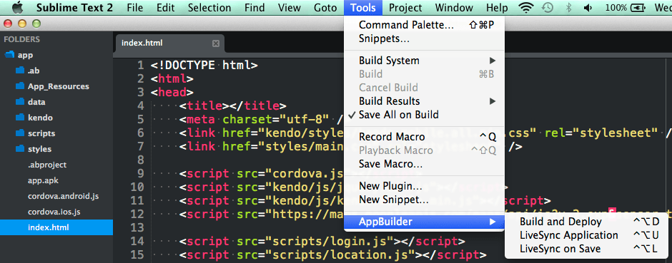 Image of AppBuilder menu in Sublime Text