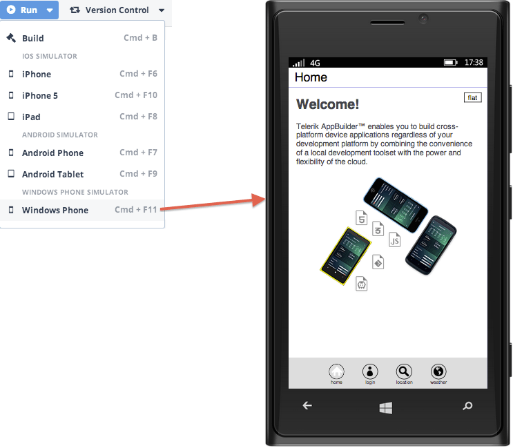 Menu showing a new option for Windows Phone simulation