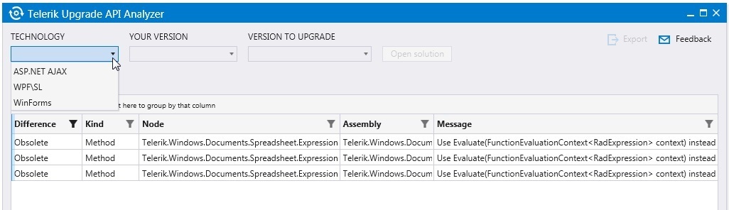 Telerik Upgrade API Analyzer with Message