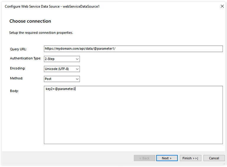 A dialog window displaying the Configure Web Service Data Source