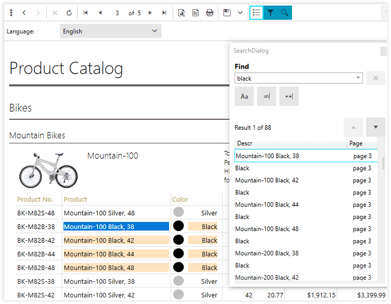 A screenshot of the Product Catalog report with a search dialog displayed