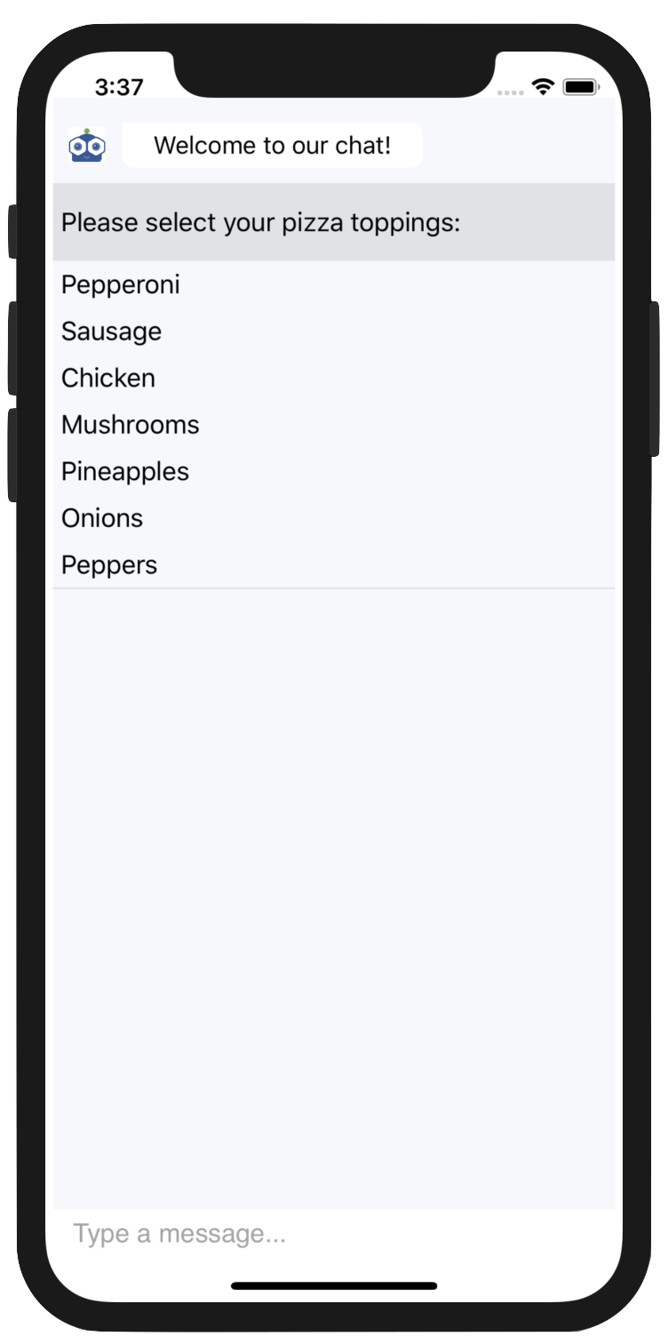 ItemPicker control in Telerik UI for Xamarin showing pizza toppings