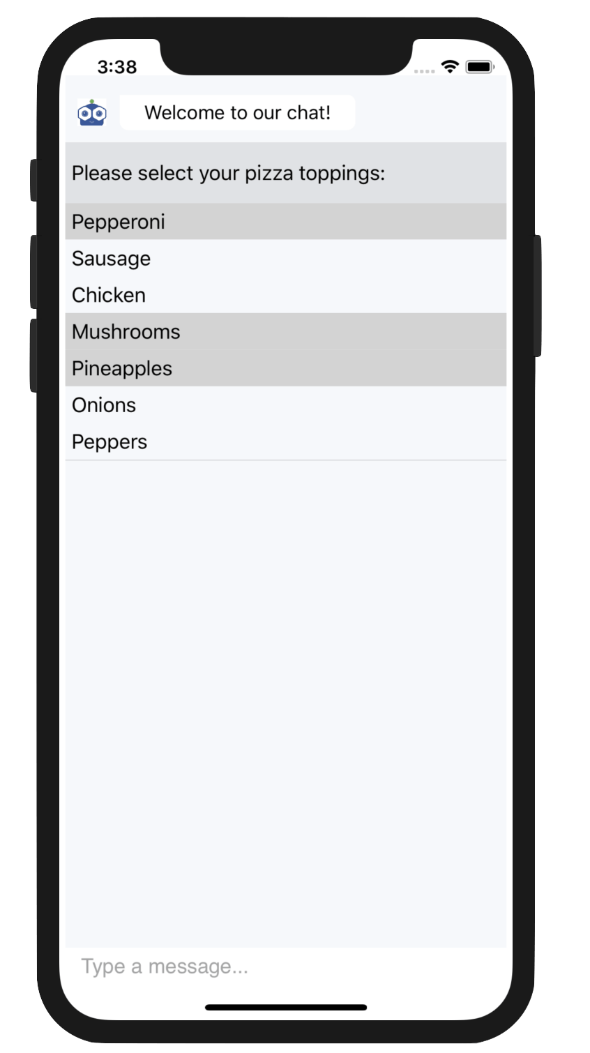 Multiple pizza toppings selected in the ItemPicker control in Telerik UI for Xamarin