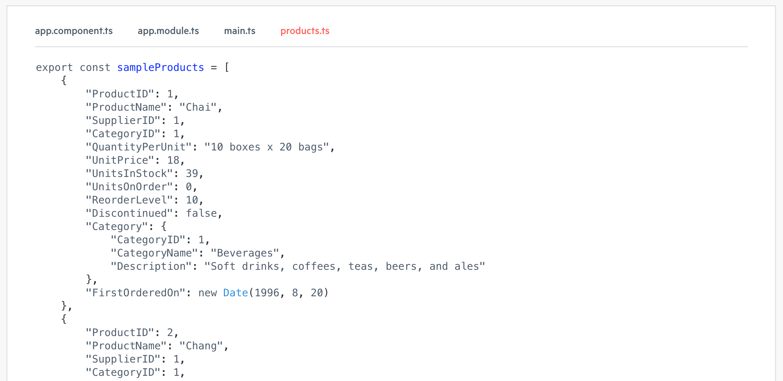 image of code showing products array