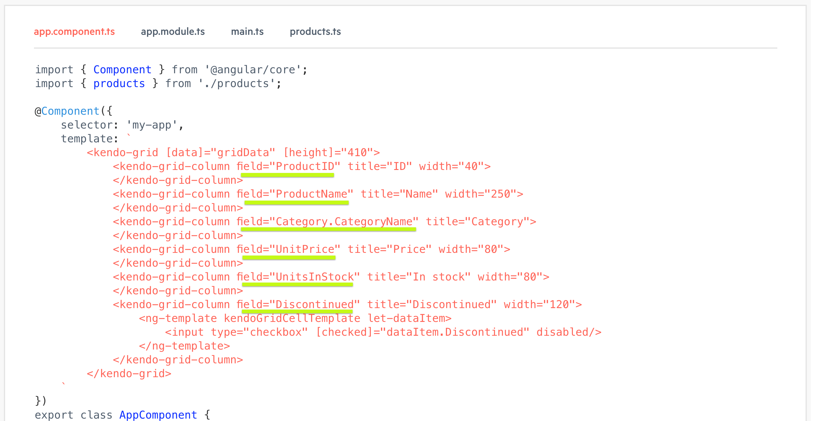 image showing code and underlining field being set on each column