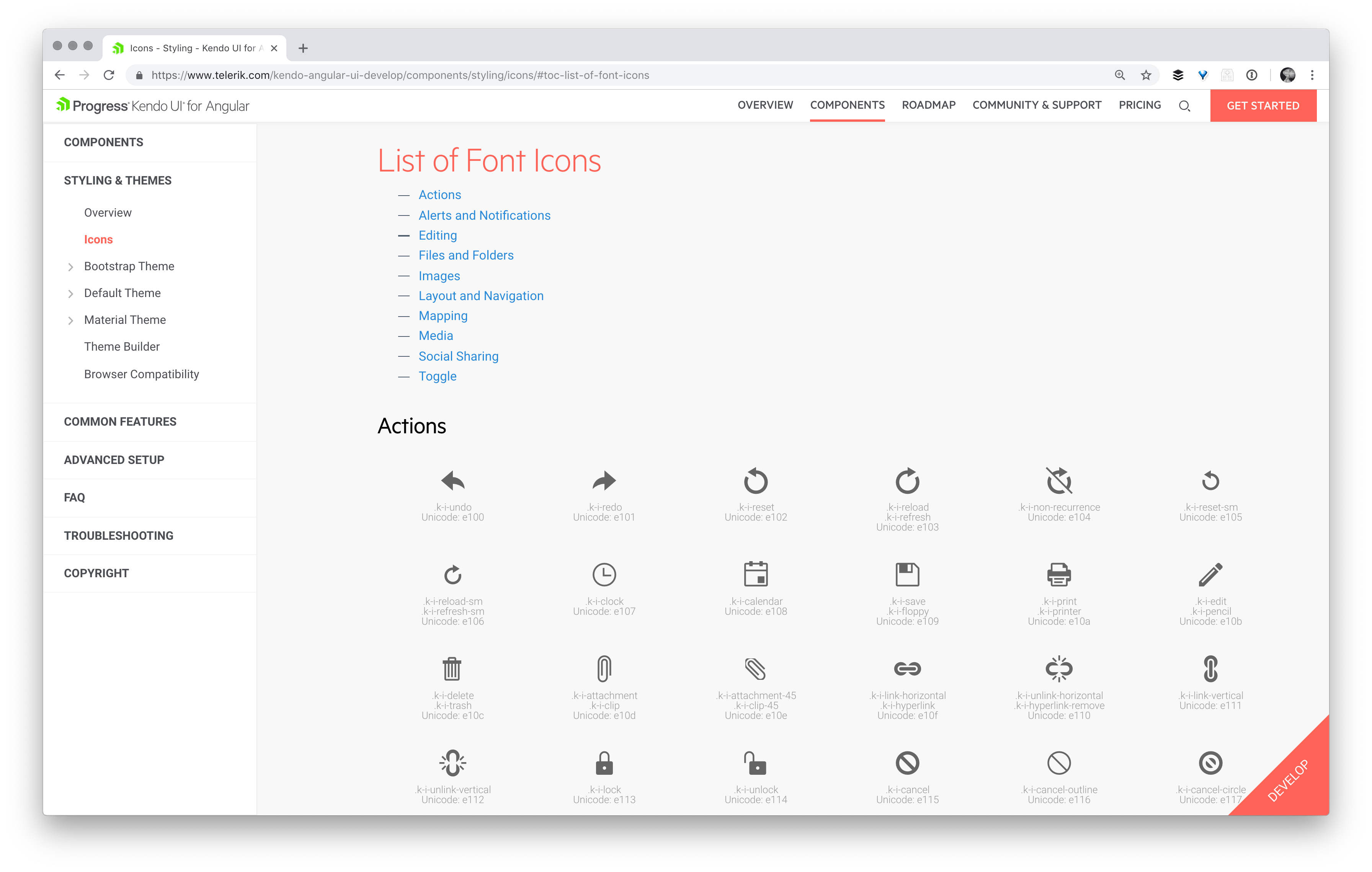 screenshot of kendo ui docs showing a list of icons available