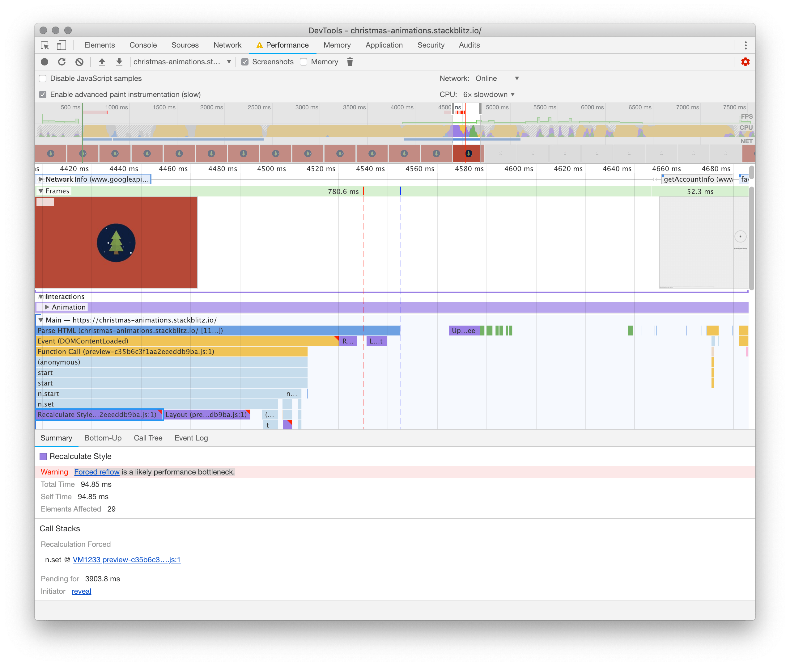 screenshot showing our non-optimal animations in the chrome devtools performance panel