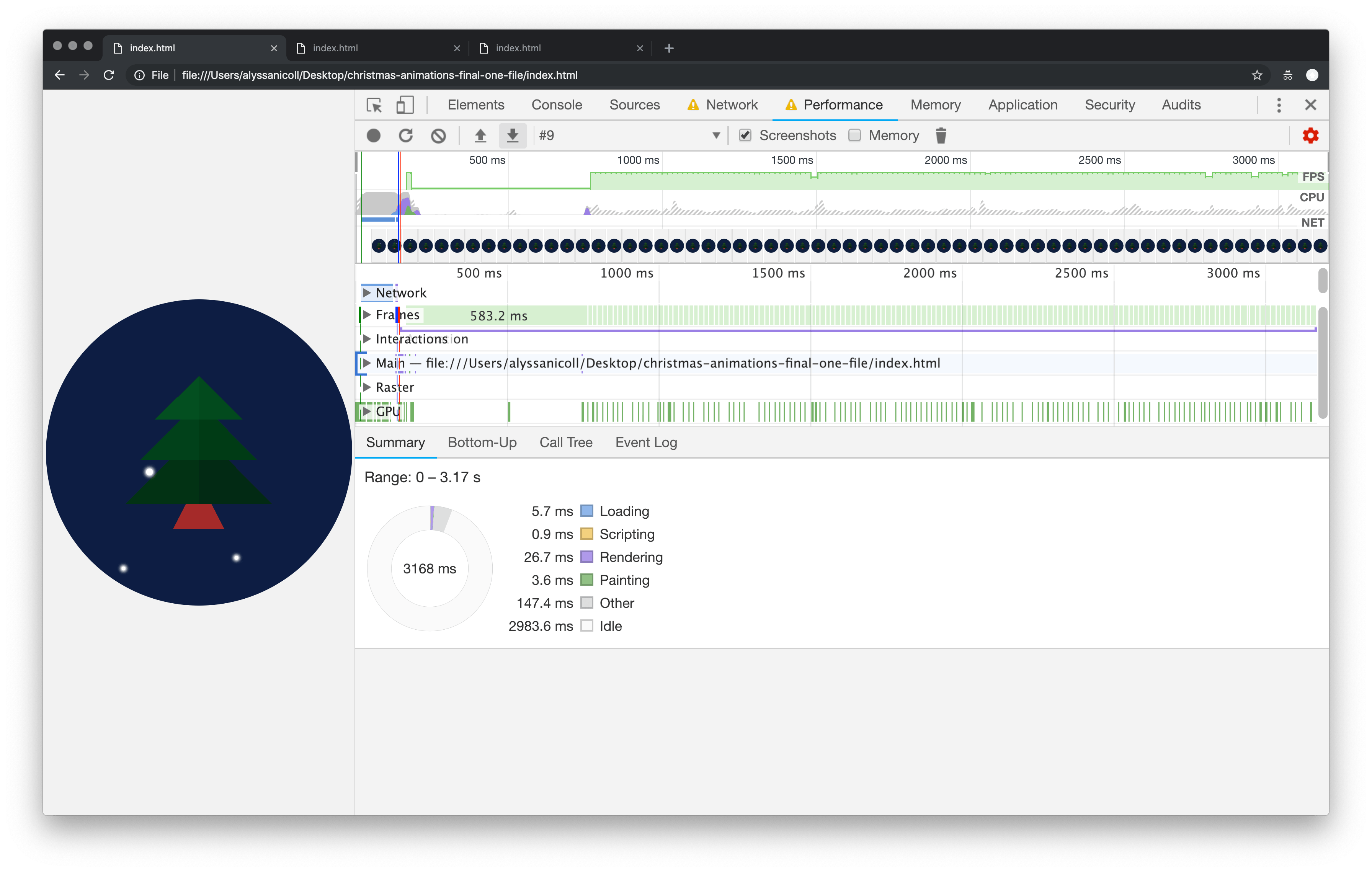 screenshot of performance panel after the animations and drawings have been optimized