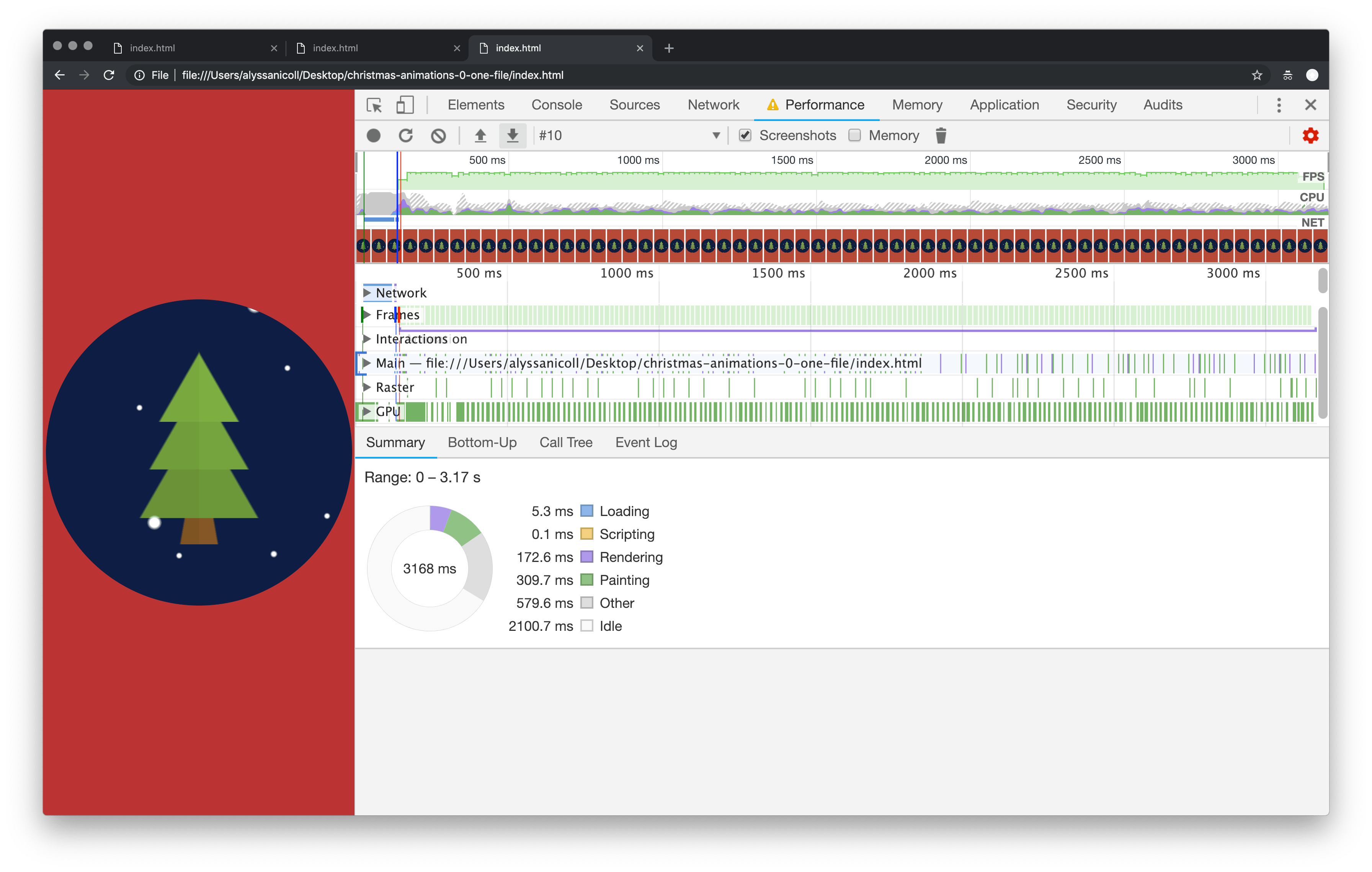 screenshot of performance panel before any changes were made to our animation