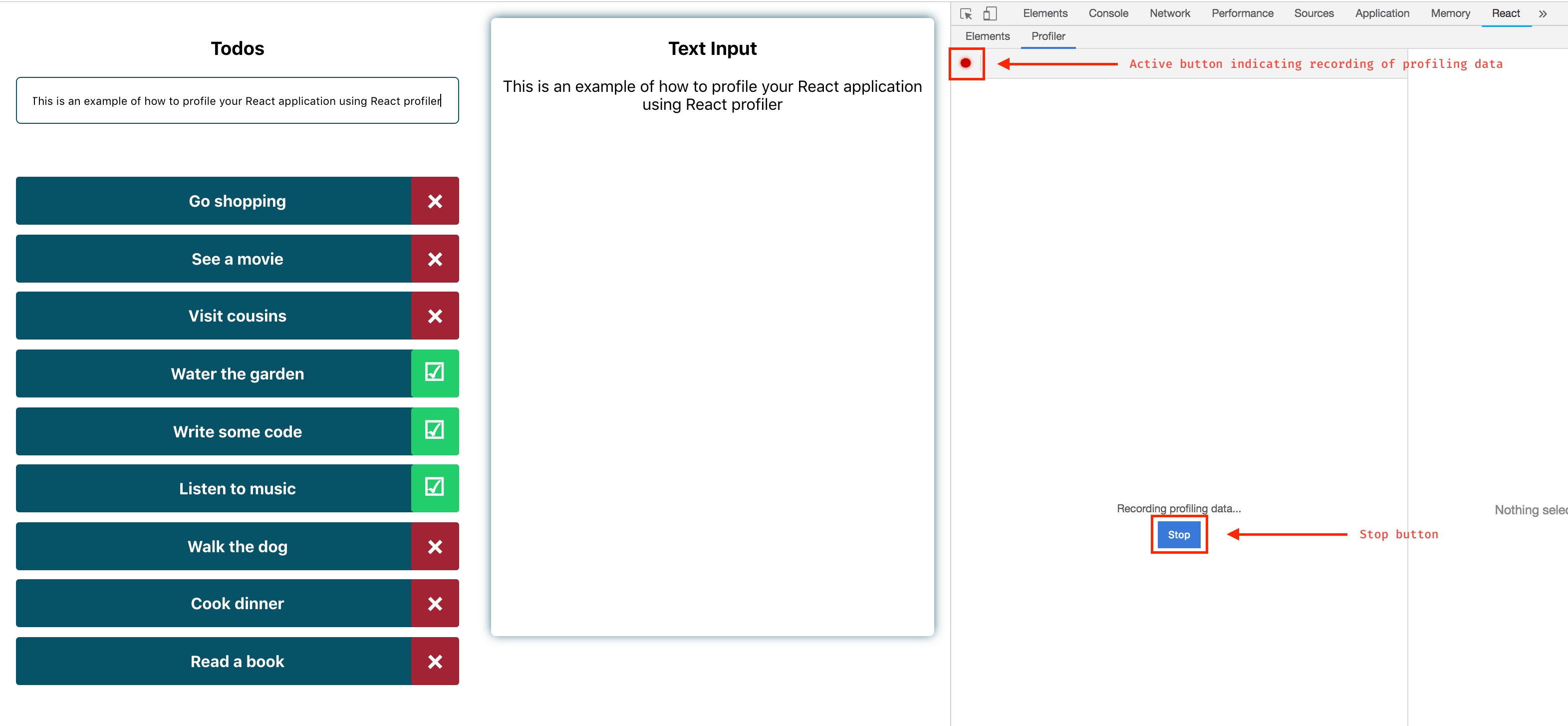 Recording profiling data using React Profiler