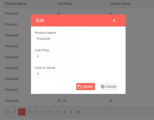 Telerik UI for Blazor Data Grid with Popup Editing Telerik UI for Blazor data Grid with modal popup window editing a single row