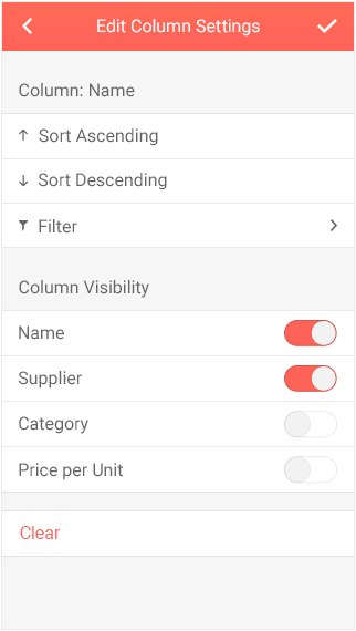 Kendo UI jQuery Grid with adaptive rendering for column settings Kendo UI jQuery Grid showcasing adaptive rendering that provides a list view with switches for column settings