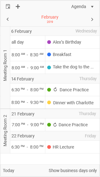 Kendo UI jQuery Scheduler using the adaptive agenda view Kendo UI jQuery Scheduler with an agenda view adapted for mobile view ports