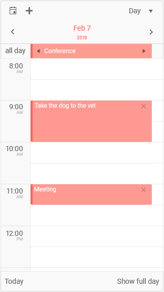 Kendo UI jQuery Scheduler in its adaptive view Kendo UI jQuery Scheduler showcasing a day view with an adapted user experience for mobile