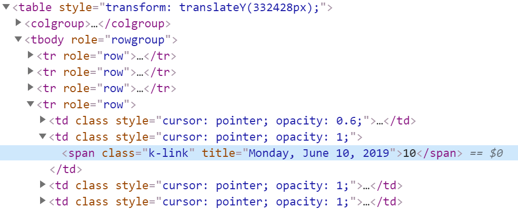 Screenshot from chrome developer tools showing the HTML structure of a KendoReact calendar