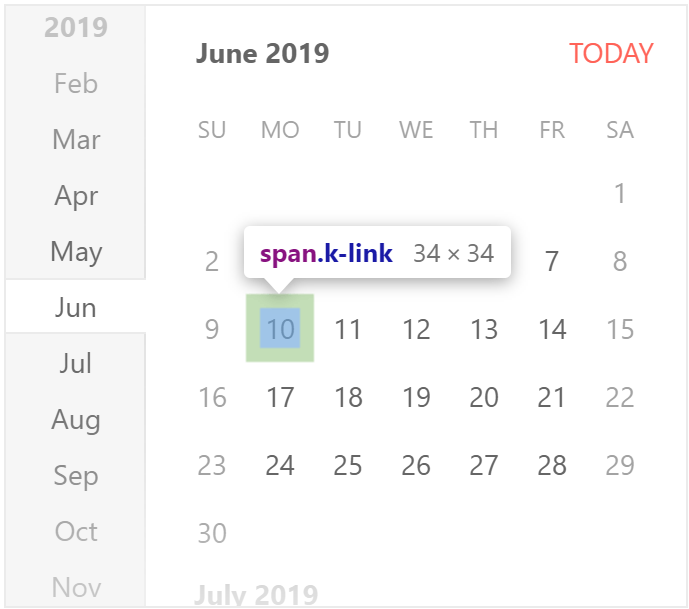 KendoReact Calendar cell highlighted in chrome for developer tools inspection
