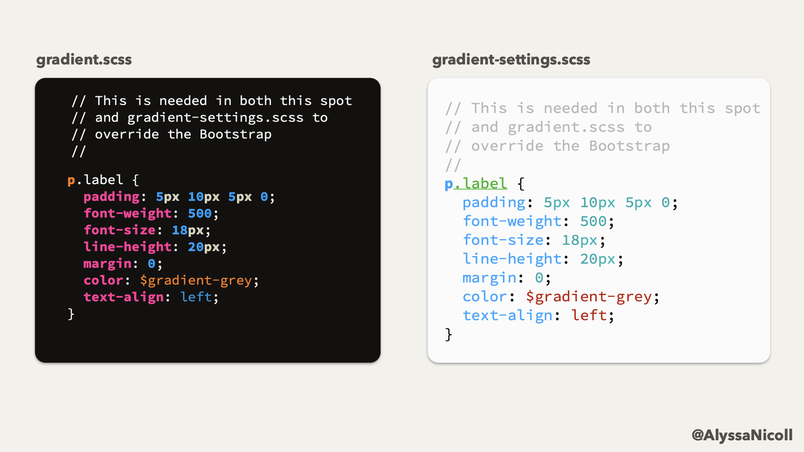 commented duplicate CSS in two different files, explaining it is needed to override Bootstraps specificity