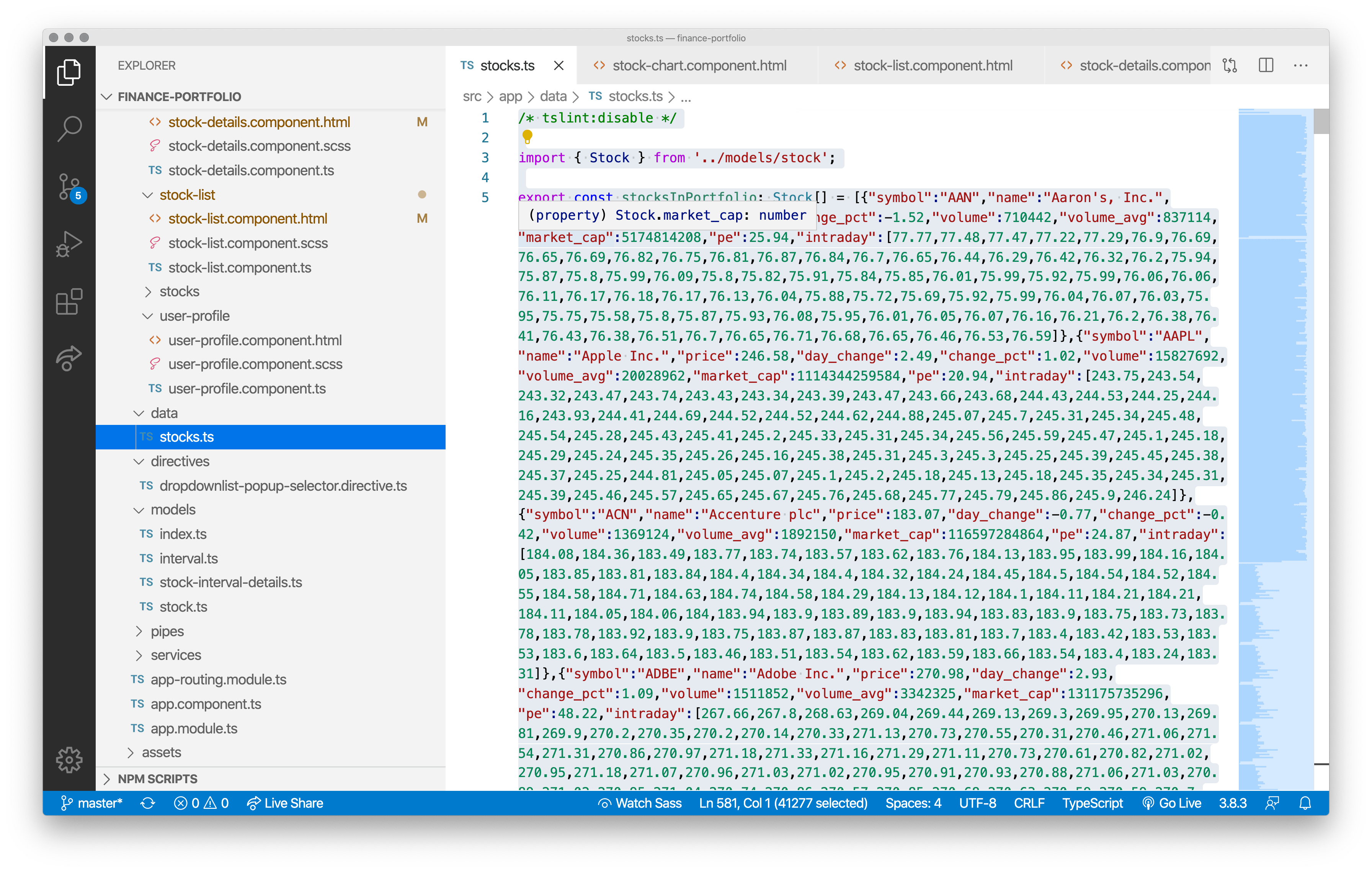 screenshot of the stocks.ts file with all the local stock data