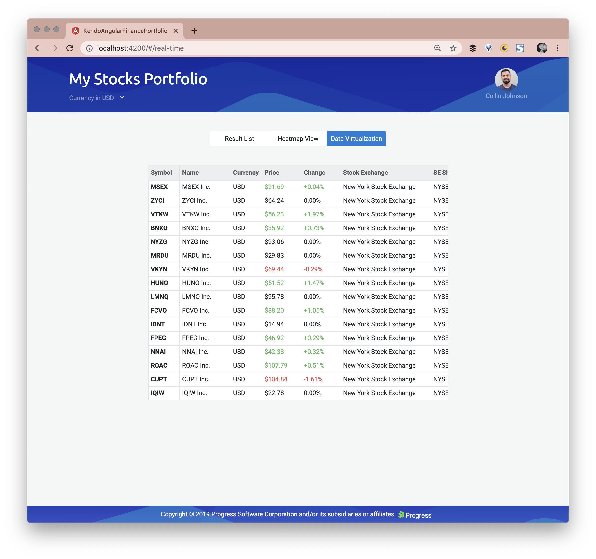 real time stock prices on the Kendo UI Financial Portfolio Demo App