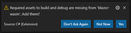 Prompt to add required assets to debug the Blazor WASM project in VS Code Prompt to add required assets to debug the Blazor WASM project in VS Code