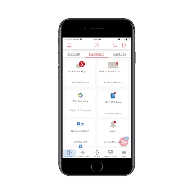 Bank of America's banking app is well-organized, prioritizing the most common activities.