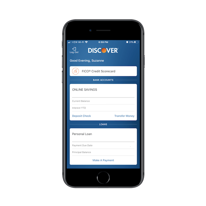 The home screen for the Discover banking and loan app.