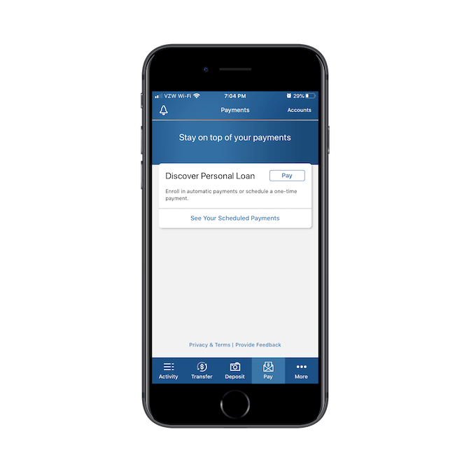 The Discover banking app presents a calm interface with relaxing blue and grey tones, ghost buttons and lots of open space.