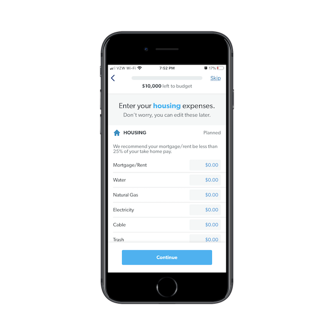 EveryDollar takes users through the most common categories.