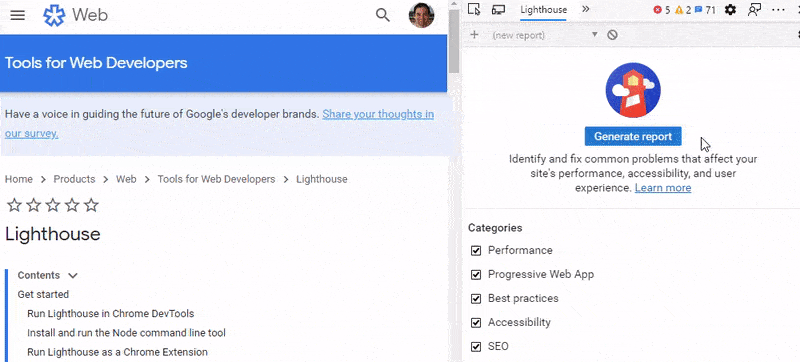 An example of Lighthouse analyzing a website