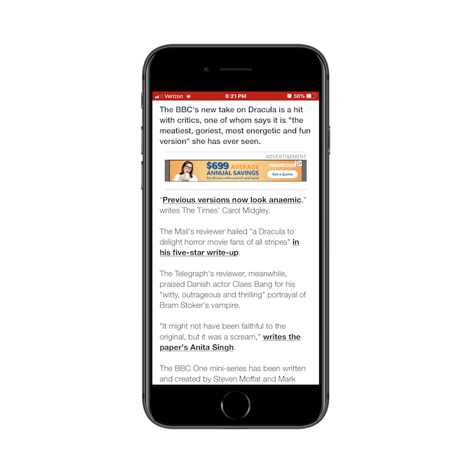A banner ad for Progressive appears in the BBC News ad as small and blurry.