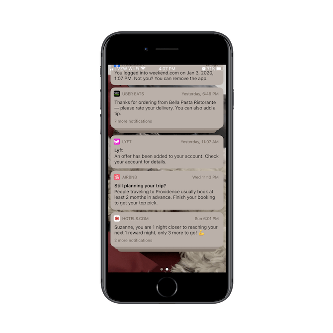 Some examples of push notifications from Uber Eats, Lyft, Airbnb, and Hotels.com
