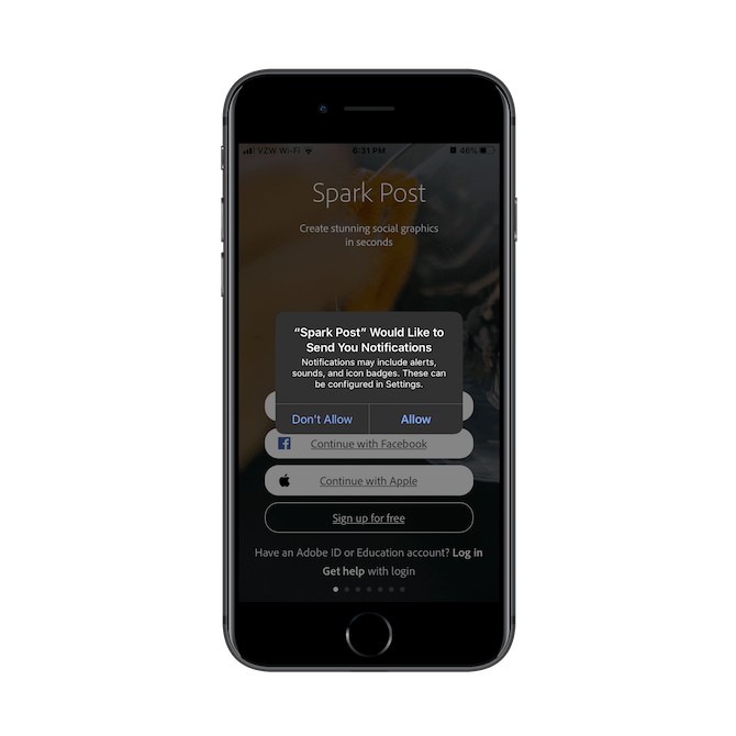 Adobe Spark Post displays a push notification request message before users sign up.