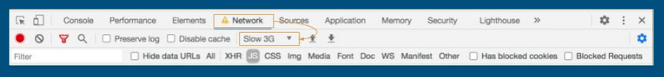 throttle network Network shows a caution icon, revealing Slow 3G.