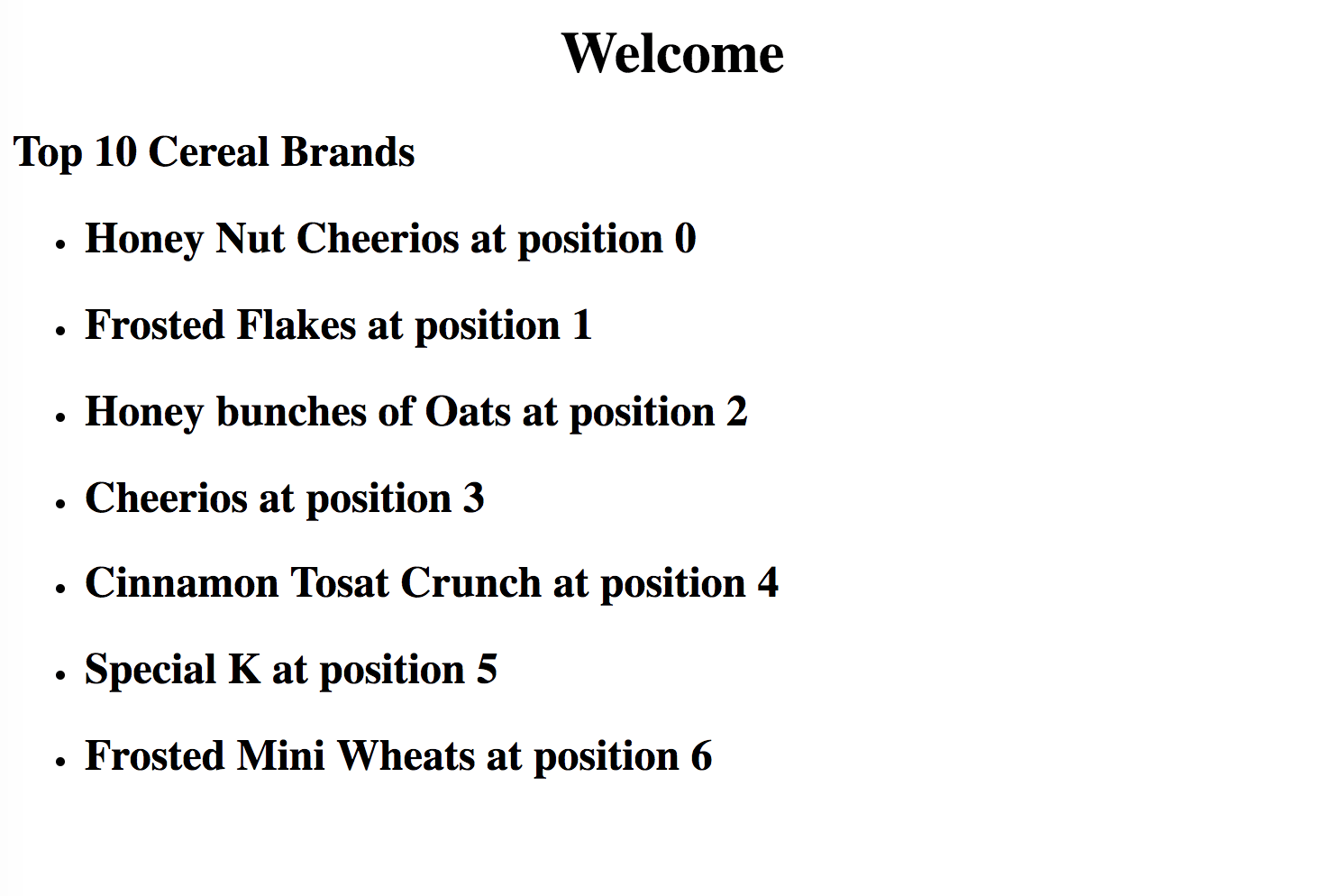 Top 10 Cereal Brands: Honey Nut Cheerios at position 0 ... Frosted Mini Wheats at position 6.