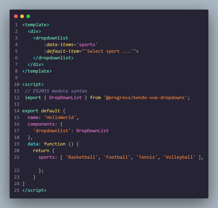 Kendo UI for Vue - DropDownList Sample Code Kendo UI for Vue - DropDownList Sample Code