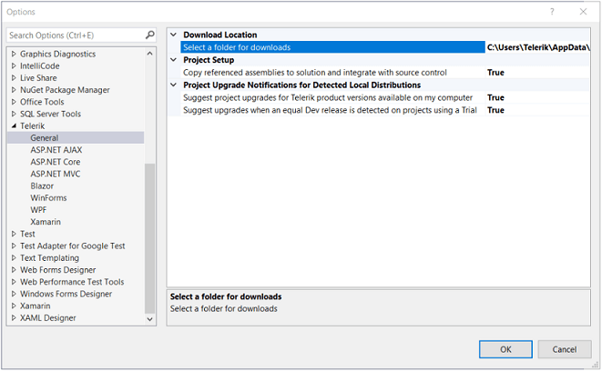 Visual Studio Extensions Options 2 - Telerik UI for WinForms Showing the Telerik UI for WinForms Visual Studio Extensions Options in Visual Studio.