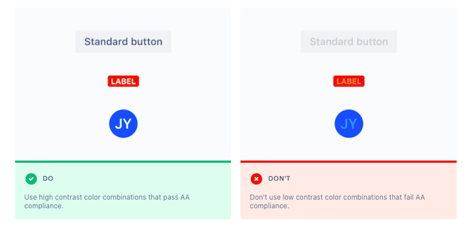 Atlassian Design System - color contrast Atlassian’s design system demonstrates how high-contrast text color improves readability. On the left are a standard button, label and profile icon that pass the AA compliance text. On the right are the same items in low contrast.