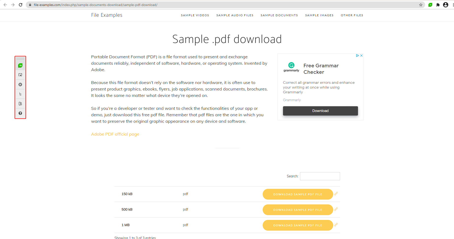 Visual Test Recorder Automate PDFs with Visual Test Recorder - a browser page shows 'Sample PDF download' with three different size options for download.