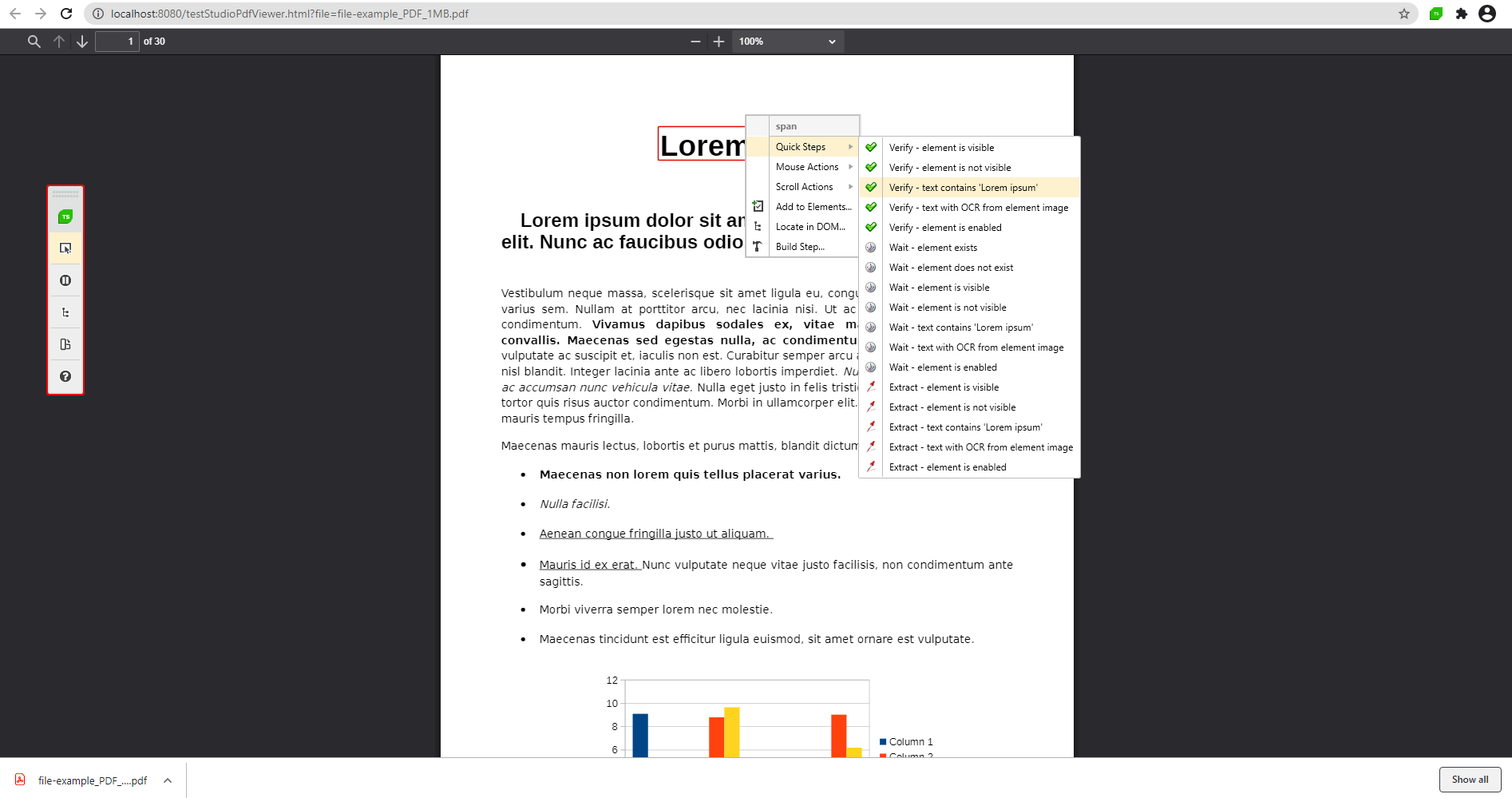 PDF Content Validation Open File to Validate PDF Content. Shows a menu with Quick steps > Verify - test contains Lorem ipsum.