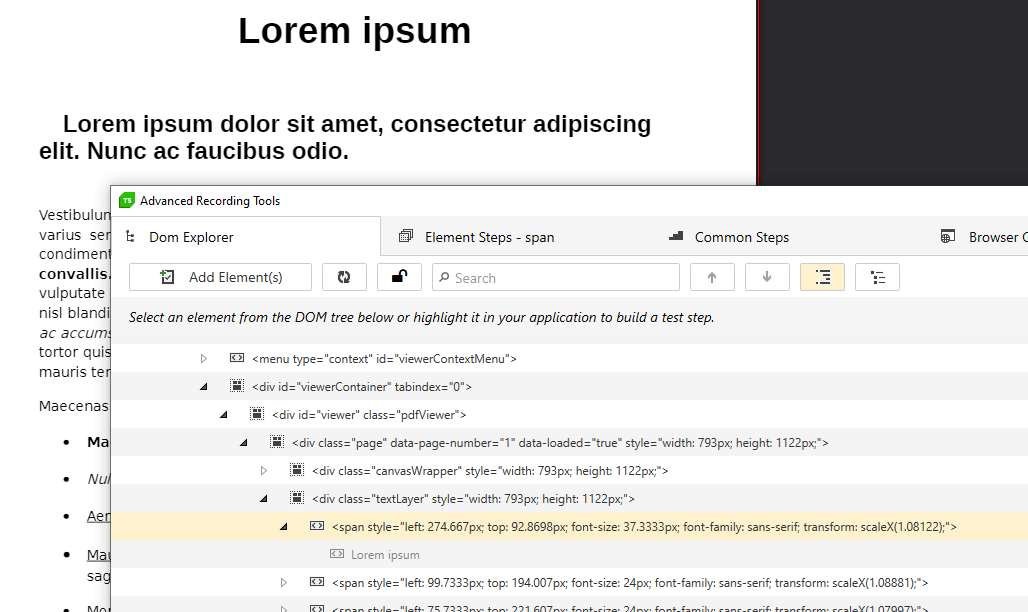 Browse through the DOM tree Select an element from the DOM to build a test step