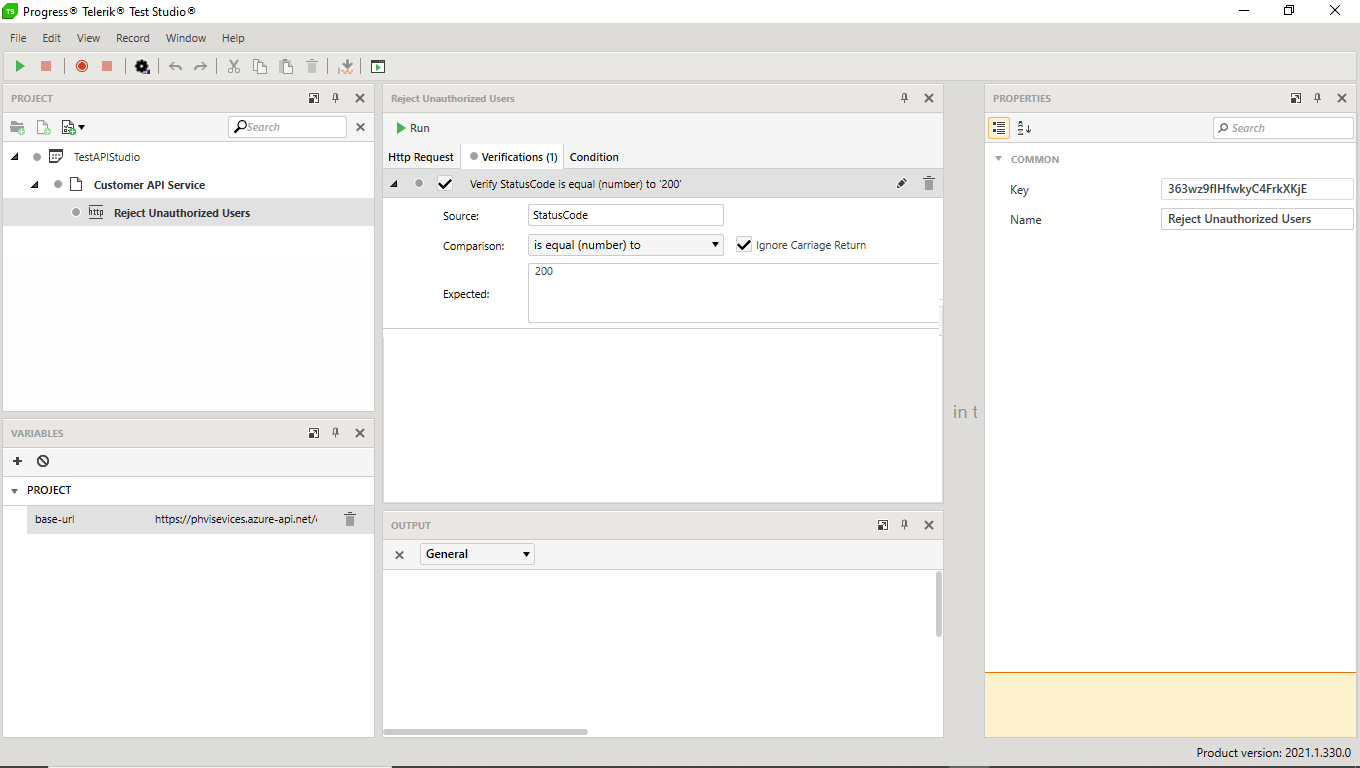 API testing: Test Studio for APIs showing an HTTP Request step’s verification tab that checks the response’s status code for a value of 200