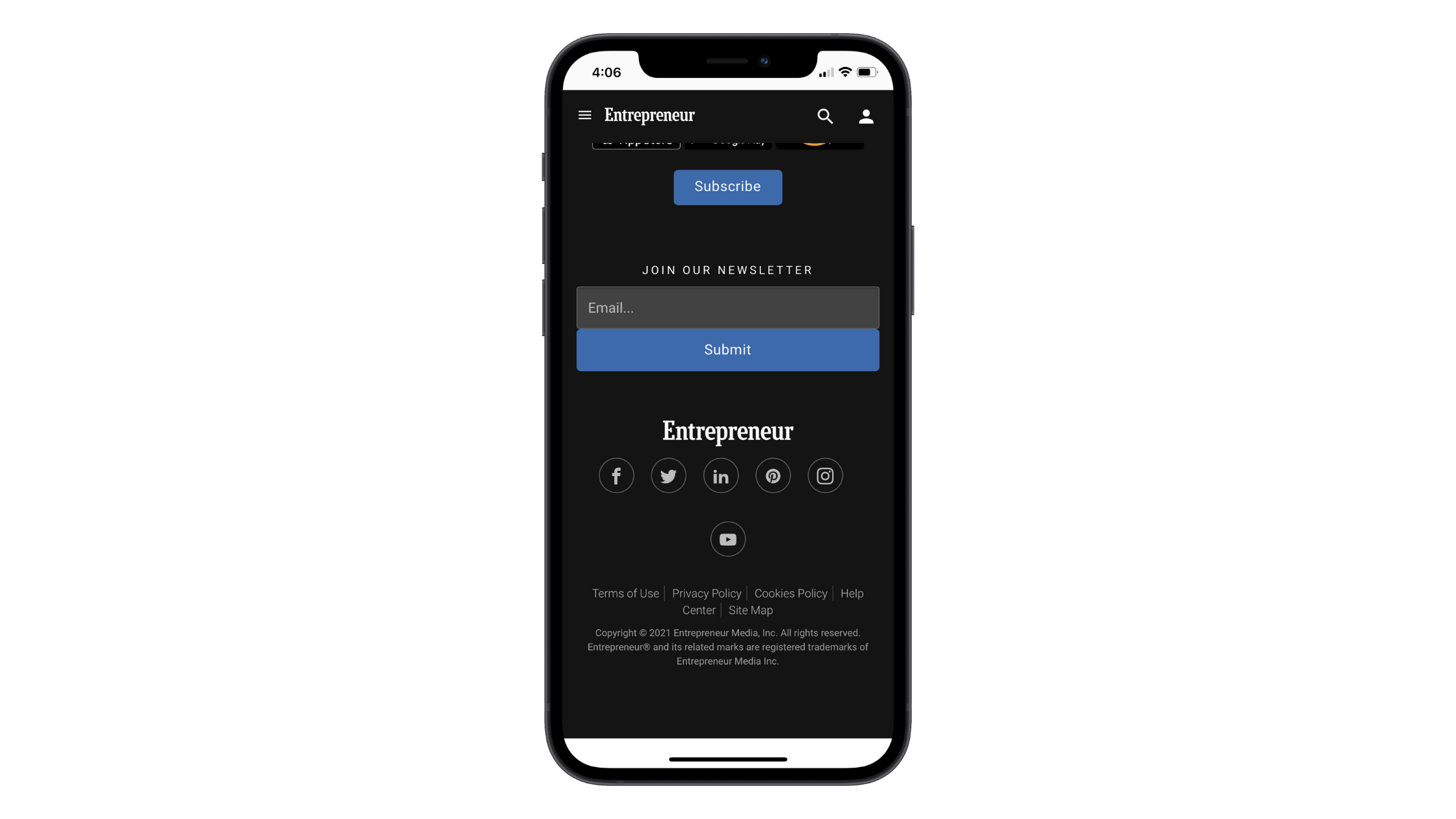 Entrepreneur mobile form Entrepreneur has a simple, single-field newsletter subscription form in the footer of its website.
