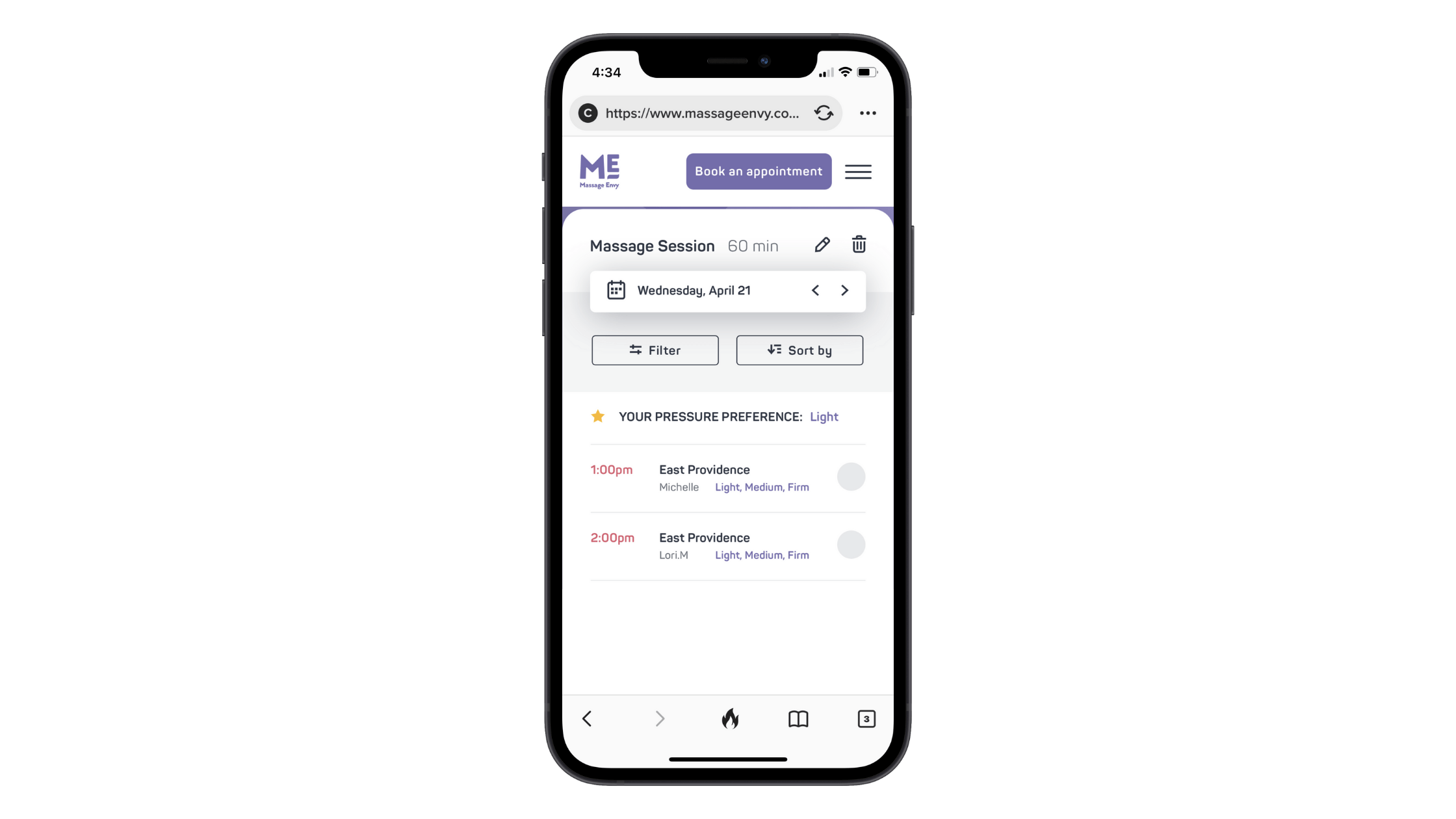 Massage Envy booking form with filters Massage Envy includes a “Filter” and “Sort by” option in its booking form in order to help customers reduce the number of options they have to look at..