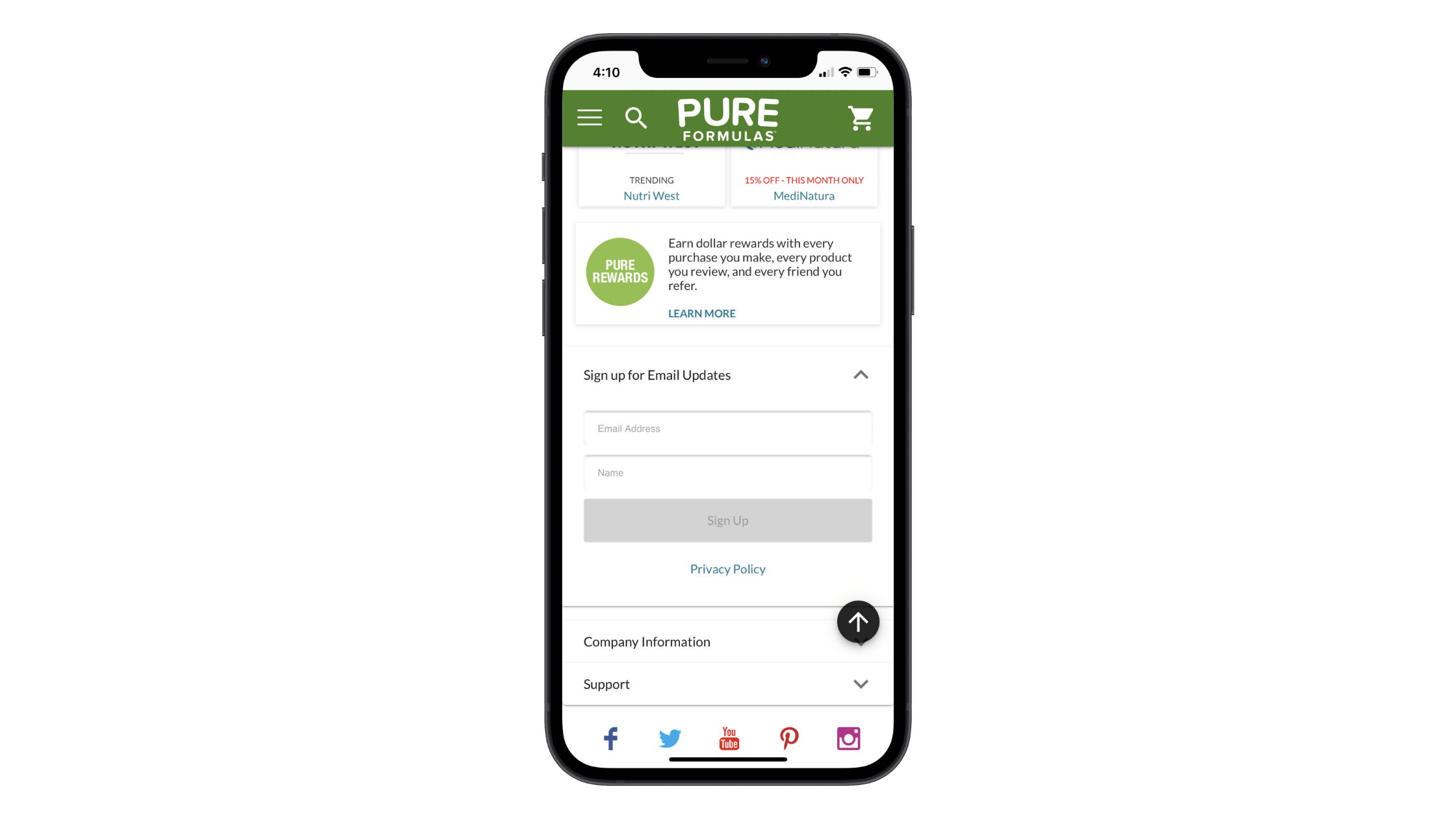 Pure Formulas mobile signup form An email subscription form on the Pure Formulas site asks users to fill in their Email Address and Name to sign up.