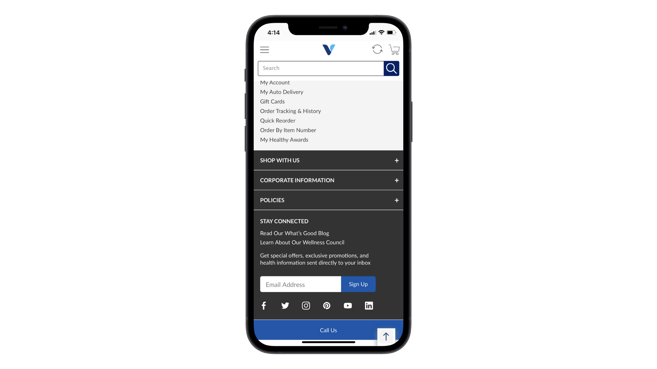 Vitamin Shoppe mobile footer form Vitamin Shoppe’s newsletter subscription form includes an invitation to “Stay Connected” with a message that explains what the subscriber will get in return: “Get special offers, exclusive promotions, and health information sent directly to your inbox”.