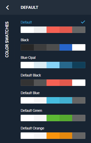 color swatches Color swatches panel shows sets of colors for Default (which is selected), Black, Blue Opal, Default Black, Default Blue, Default Green, Default Orange.
