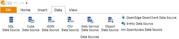 Support for a variety of data sources, including SQL, Cuve, JSON, CSV, Web Service, Object, OpenEdge, Entity, OpenAccess.