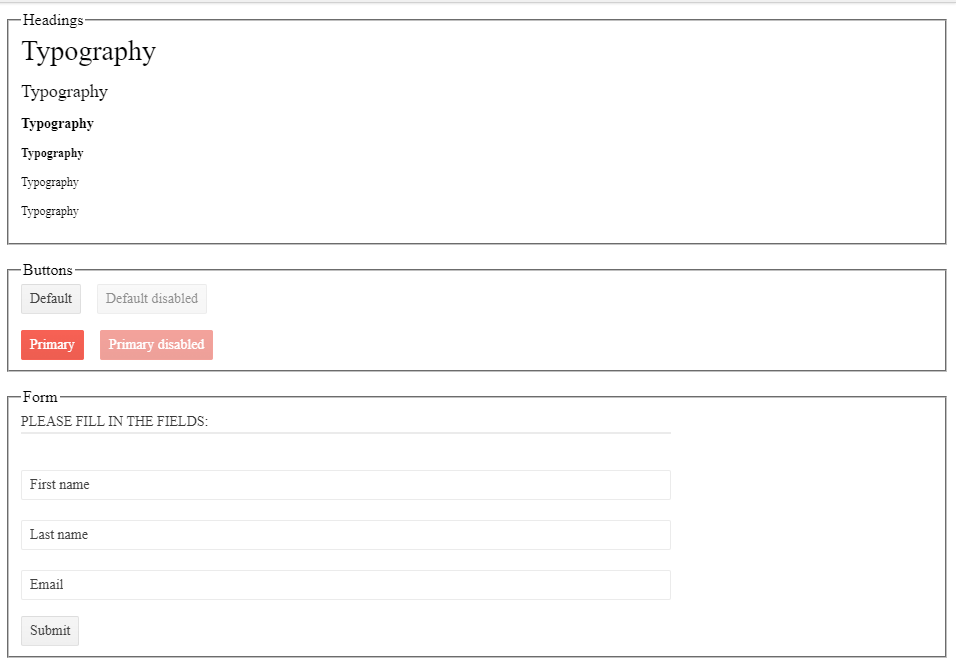 default theme Default theme with headings at various levels, previewed; buttons with previews of default and primary, then both disabled; then form with with sample fields, instructions, and submit button.